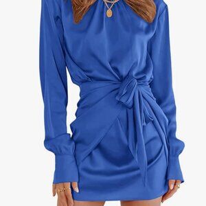 NEVER WORN Blue Satin, Long-Sleeve Tie Waist Dress